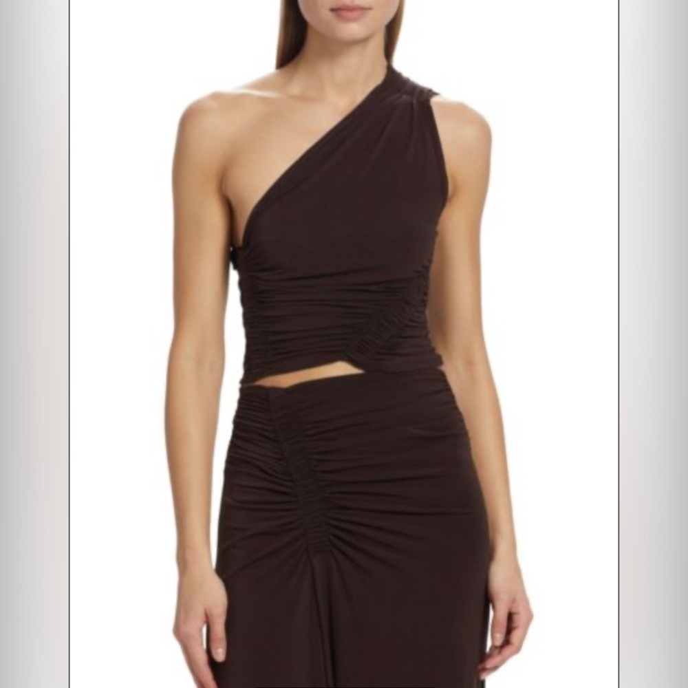 A.L.C. One-Shoulder Ruched Chocolate Brown Crop Top